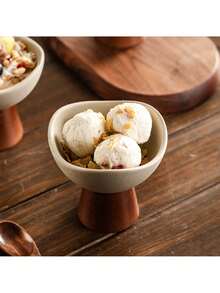 1 كوب آيس كريم سيراميك سميك ذو قاعدة خشبية عالية بطراز رجعي، وعاء حلوى عالي الجودة مناسب للزبادي والشوفان والمشروبات الحليبية والفواكه، مناسب للمنزل والمطعم والتجمعات الخارجية وحفلات عيد الميلاد والمناسبات