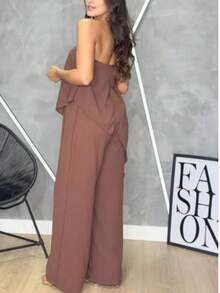Long Asymmetrical Strapless Pantaloon Jumpsuit Spring Summer - Rust Brown - View 4