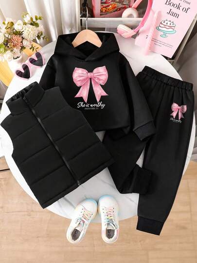 青少年女孩卡通印花连帽衫和裤子套装（含衬垫背心）