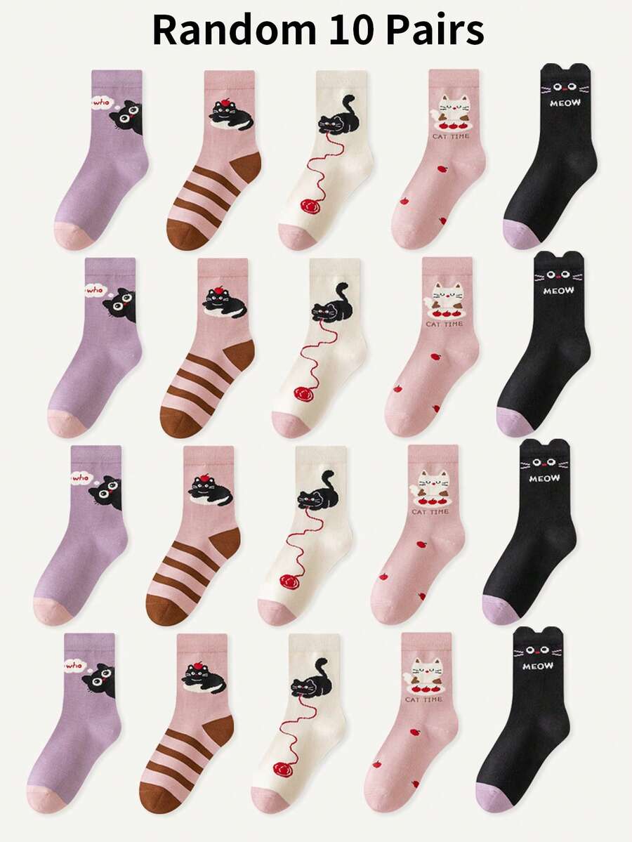 10 双儿童卡通猫咪图案袜子，拼色小猫中筒袜，适合男孩和女孩，适合所有季节的日常穿着 - 彩色 - 查看 1