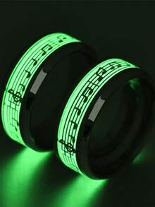 1pc Fashion Stainless Steel Luminous Rings For Men Women Music Stave Pattern Glowing In Dark Couple Ring Wedding Bands Jewelry Gift - Luminous - View 2