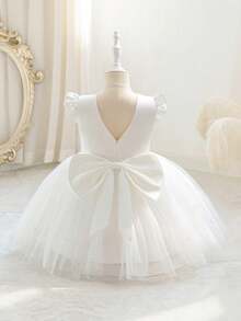 女婴短袖蝴蝶结薄纱派对礼服，优雅公主裙，适合作为一周岁生日礼物、宴会、晚宴、重要场合的礼服