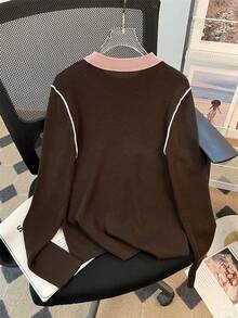 女士圆领拼色长袖毛衣，简约休闲，女士日常、通勤、秋冬基本款上衣，长袖上衣，时尚 - 咖色 - 查看 6