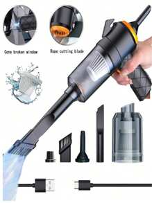 Aspiradora mini 6 en 1, alta potencia, súper succión, con funciones de emergencia: cuchilla para cortar cinturones de seguridad, cono puntiagudo para romper ventanas; batería de litio recargable de ultra alta duración, aspiradora portátil imprescindible para vacaciones, veranos y viajes, aspiradoras para recolección de polvo, aspiración, inflado y otras funciones.