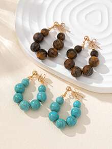 1 对天然石串珠优雅女士环形耳环，适合节日、生日、约会、派对、度假、休闲日常佩戴 - 彩色 - 查看 5