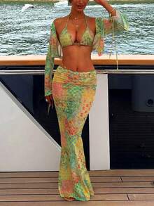 Bohemian Style Chiffon Printed Romantic Sexy Beachwear 4-Piece Set: Swimsuit, Cover-Up, Skirt