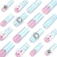 Long Square Press On Nails French Tip Fake Nails Blue False Nails With 3D Flower Bow Heart Designs Long Square Glue On Nails Sparkly Artificial Nails Cute Stick On Nails For Women 24Pcs - 長款-C5C34 - 查看 3