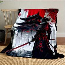 Japanese Samurai Spirit Soft Flannel Throw Blanket - Versatile All-Season Comfort, Reversible Cartoon Print, Easy-Care Polyester, Perfect For Bed, Sofa, Camping & Travel - 31"X47", 50"X59", 59"X78" Sizes Available