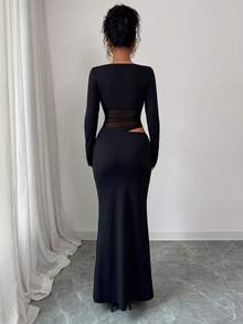 Glamful Sexy Party Date Y2K Sheer Mesh Patchwork Long Sleeve Dress, Black Sheer Mesh Long Sleeve Dress, Elegant Design - Black - View 11