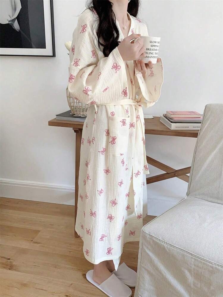 1 件女士春秋韩版简约舒适睡袍，粉色蝴蝶结休闲宽松家居服睡衣，速吸浴袍，适用于 SPA，情侣款浴袍 - 粉色 - 查看 5