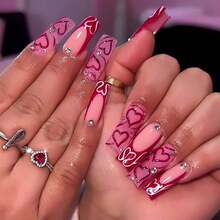 Valentine Pink Press On Long Square Fake Nails: French Tip, False With Heart Designs, Sparkly Artificial, Cute Stick On Nails (24Pcs) - 長款-C5C39 - 查看 1