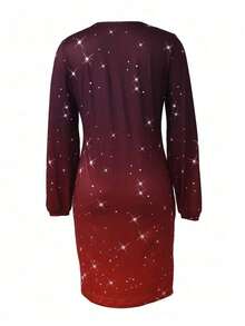 Plus Size Women's Christmas Snowman Print V-Neck Long Sleeve Dress, Autumn/Winter - Burgundy - View 2