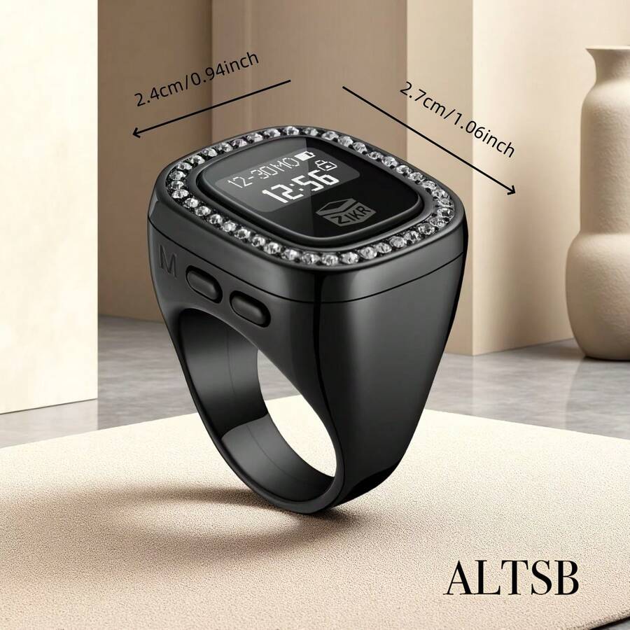 OLED屏幕多通道振动提醒时间日期闹钟功能环形电子计数器，新款计数器Tasbih手表环，OLED屏幕显示，33_66_99_100振动提示，时尚奢华，适用于穆斯林祈祷计数，节日礼物等。 - 彩色 - 查看 1