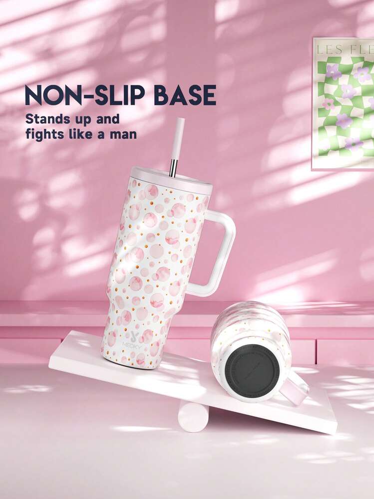 Meoky 40盎司带手柄吸管保温杯，真空隔热水瓶，带吸管盖，不锈钢旅行杯，100%防漏，保冷34小时或保热10小时 - 粉色 - 查看 5