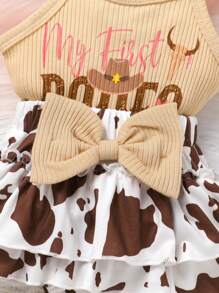 2pcs Set Casual Elegant Sweet Cute Baby Girl Outfit, Soft Comfortable Bow Decor Letter & Bull Head Print Ruffle Backless Romper Dress & Headband, Newborn Infant Girl Clothes, Girl Dress, Toddler Girl Clothing, Suitable For Daily Use, Vacation, Party, Photo Shoot