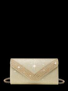 GZCS BAG 4 Pieces Rhinestone Jewelry Set Bling Necklace Earrings Bracelets Set For Sparkling Glitter Hot Diamond Elegant V-Shaped Flap Envelope Purse For Women Prom With Detachable Metal Chain For Wedding And Party Shoulder Bag For Women Clutch For Ladies Bag Women's Handheld Evening Bag Versatile Cocktail Wedding New Wallet Banquet Bag