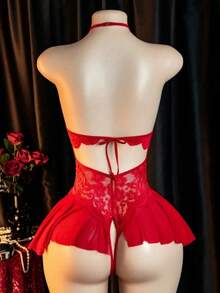 Sexy Lingerie Bodysuit, Women Off Shoulder Sexy Sleepwear, Hollow Out Uniform Sexy Underwear - Red - View 3