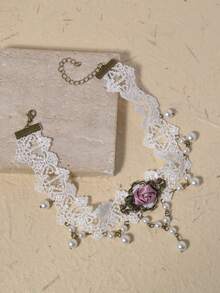 1 件白色蕾丝颈链，时尚高端新娘蕾丝颈链，女士短项链锁骨链 - 彩色 - 查看 4