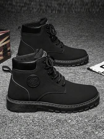 男士靴子，新款设计，适合所有季节，厚底，增高，耐磨，防滑，圆头系带设计，经典复古皮革表面，防水系带高帮厚底工作靴，适合男学生，校园，青年，百搭，简约复古粗犷街头风格，户外，通勤，徒步旅行，骑自行车，骑行