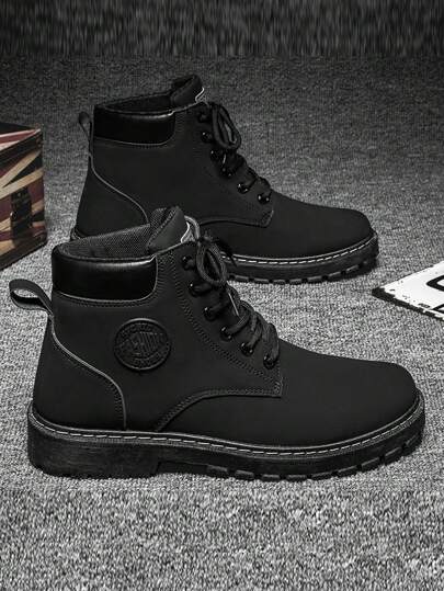 Men's Boots, New Design, Suitable For All Seasons, Thick Sole, Height Increasing, Wear-Resistant, Non-Slip, Round Toe Lace-Up Design, Classic Retro Leather Surface, Waterproof Lace-Up High-Top Thick-Soled Work Boots, Suitable For Male Students, Campus, Youth, Versatile, Simple Retro Rugged Street Style, Outdoor, Commuting, Hiking, Cycling, Riding