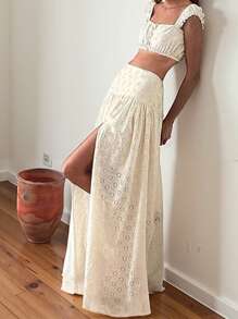 DECODE DIVA Bohemian Style Short Crop Top & High Waist Skirt 2pcs/Set, Spaghetti Strap Backless Two Pieces Outfit,For Beach Vocation,Holiday Outfit, Romantic Vacation Outfit,Back To School,Valentine's Day - 米色 - 查看 2