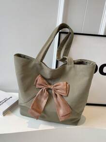 1 件橄榄绿大容量可爱蝴蝶结装饰尼龙女士单肩托特包，适合日常使用、通勤、轻便、多功能、学院风、大学生、短途旅行、购物袋 - 墨綠色 - 查看 3