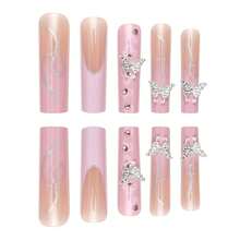 Pink French Tip Press On Nails Long Coffin Fake Nails Acrylic False Nails With 3D Silver Butterfly Designs Glitter Nail Press Ons Glossy Artificial Nails Summer Stick On Nails For Women 24Pcs - 長款-C5C8 - 查看 2