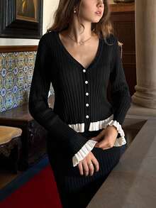 Cárdigan de punto con puños con volantes de color contrastante para mujer, para otoño/invierno, blusas de manga larga de otoño, elegante en color blanco y negro