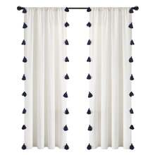 Lush Decor Boho Faux Linen Texture Tassel Rod Pocket Window Curtain Panel Single White/Turquoise 52X84 Halloween-Fall Decor-Room Decor - Trắng/Xanh nước biển - Xem 7