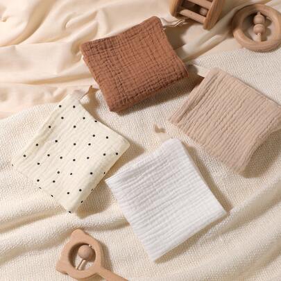 4pcs Baby Cotton Double-Layer Crinkle Gauze Bibs, Fashionable Printed Handkerchief