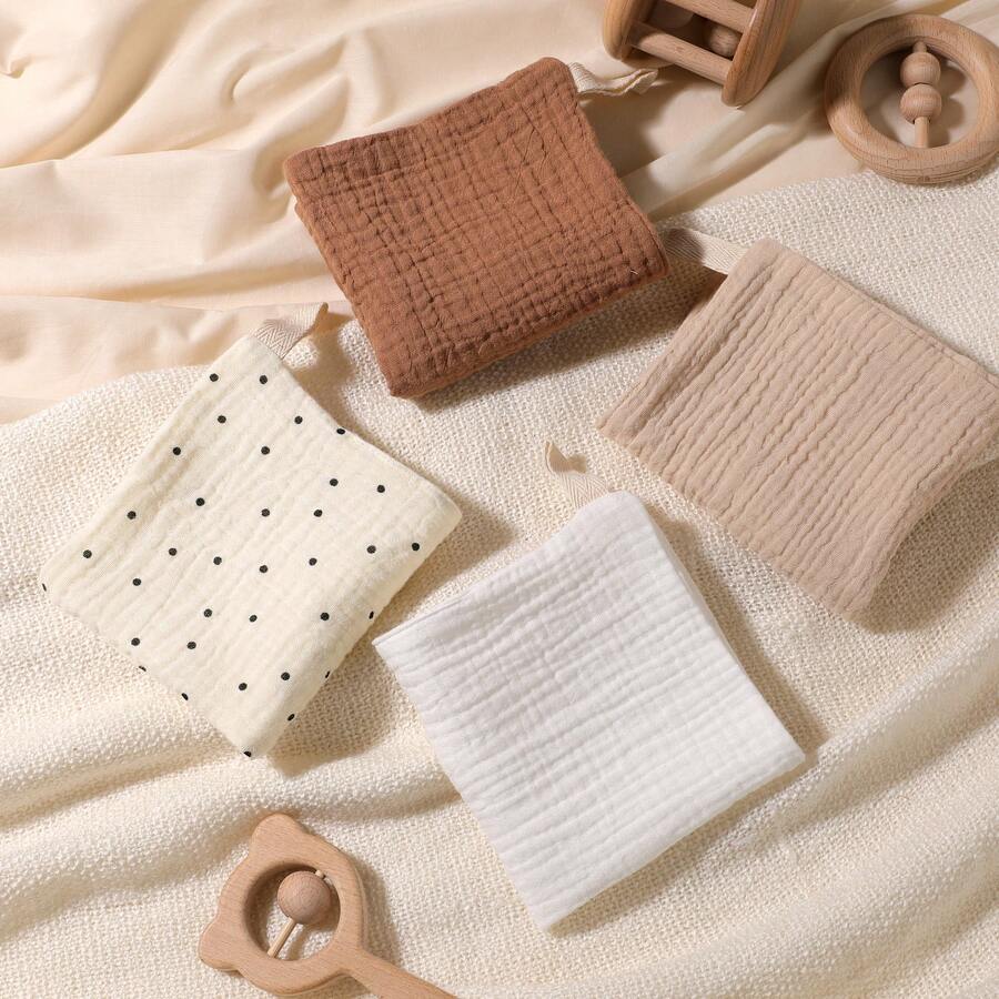 4件装婴儿纯棉双层皱纹纱布围兜，时尚印花手帕