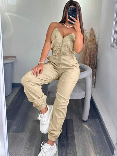2025 New Women's Commuting Elastic Waist Loose Casual Elegant Pocket Y2K Street Work Pants Suit Jumpsuit, Airport Wear, Clubs, Birthday Parties, Halloween, New Year, Thanksgiving, Going Out, Beach, Vacation, Country Concert Outfit, Teacher, Spring, Summer And Autumn