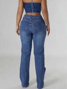 Women's Summer Pants Ripped Heavy-Duty Beaded Stretch Jeans - Màu xanh lam - Xem 4