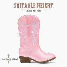 Girls Rose Pink PU Western Cowboy Boots Pointed Toe Mid Calf Rhinestone Riding Cowgirl Boots For Toddler Little Big Kids Party School Holiday Dress Up - 玫瑰粉 - 查看 2