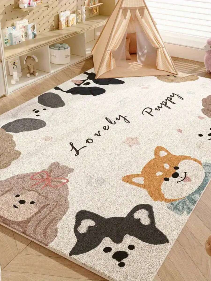 1pc Cartoon Puppy & Bear Pattern Plush Soft Touch Carpet, Suitable For Study, Gaming Room, Living Room, Bedroom, Entrance, Autumn/Winter, Thickened/Fluffy