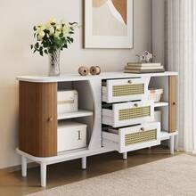 Sideboard, Rattan Chest Of Drawers, Chest Of Drawers With Sliding Doors, Adjustable Shelves And Rounded Top. - White + Particle Board - View 3