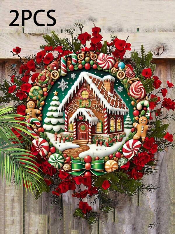 Snow House Wooden Sign 2D Relief Effect Candy Gingerbread Man Wooden Wreath Sign For Yard Balcony Door Outdoor Decor Ideal For Decoration,