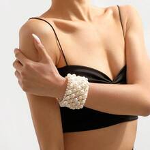 1pc Stylish Minimalist Braided Pearl Decor Extra Wide Bracelet For Women - White - View 9
