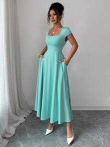 Glamful Elegant Commute Casual Basic Elegant Solid Color Knit Fabric Drawstring Summer Green Dress - Aqua Green - View 3