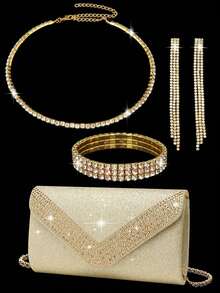GZCS BAG 4 Pieces Rhinestone Jewelry Set Bling Necklace Earrings Bracelets Set For Sparkling Glitter Hot Diamond Elegant V-Shaped Flap Envelope Purse For Women Prom With Detachable Metal Chain For Wedding And Party Shoulder Bag For Women Clutch For Ladies Bag Women's Handheld Evening Bag Versatile Cocktail Wedding New Wallet Banquet Bag