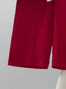 2 件年轻女孩时尚休闲 2 合 1 撞色无袖抽绳腰长袖荷叶边领上衣和松紧腰直筒裤套装，适合日常、家居、户外穿着，春秋季 - 紅白色 - 查看 6