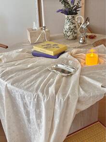 1pc White Solid Color 3D Embroidered Bow Flower Tablecloth, Fresh Elegant Romantic Style With Skirt, Suitable For Wedding, Daily Home Decor