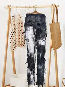 Women Tie Dye Pants Distressed Flared Leggings Pants Casual Tassels Bell Bottoms Bootcut Hip Hop Trousers For Streetwear - 黑色 - 查看 5