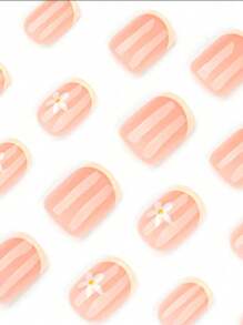 24pcs Short Square Shape Press On Nails Set Yellow French Tip And Floral And Bee Glossy Topcoat Design Nail Art,Nail Supplies Cute And Fresh Style Fake Nails For Women And Girls Daily False Nails,Summer Nails