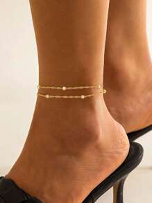 Nooxian 1pc Double Layer Anklet Jewelry For Women, Stainless Steel Beaded Wavy Chain, Waterproof Beach Vacation Everyday Accessory (Bead Quantity Random)