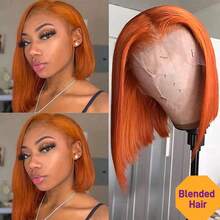 Straight Bob Style Ginger Orange 13x4 Transparent Lace Front Wigs 200% Density 13*4 HD Lace Frontal Wig Pre Plucked Pre Bleached Knots Heat Resistant Fiber Synthetic Mixed Human Blended Hair Wig 8-16inch Shoulder-Length Wig Copper Red Colored 350# (8-34 Inch) - S350 - View 2