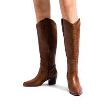 Women's Western Boots Pull On Zipper Chunky Heel Pointed Toe Outdoor Cowgirl Cowboy Knee High Boots - 棕色 - 查看 8