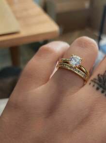 AIHUASI 2pcs/Set Elegant 925 Sterling Silver Yellow Gold Color Wedding Rings Bridal Set For Women 6.5*6.5mm 1.0 Carat Brilliant Dazzling Round Cut AAAAA Cubic Zirconia Solitaire Engagement Ring Fine Jewelry Valentines Gift - Yellow Gold - View 6