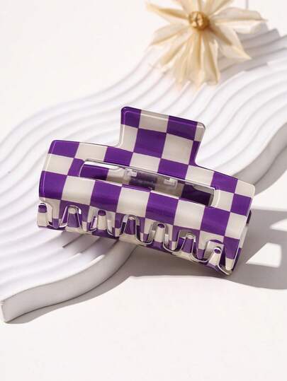 1pc Women's High-Quality Checkerboard Hollow Square Purple Medium Hair Claw - Ins Elegant Sweet Versatile Non-Slip Strong Fashion Headpiece, Suitable For Holidays, Parties, Daily Use And Gifts Hair Accessories Fashion Hair Claw Clips Autumn Accessories Fall Hair Clips Winter Accessories For Vacation Outfits Woman Summer Beach