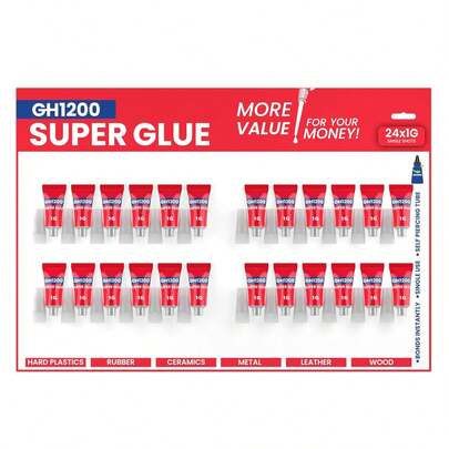 GH1200 1g X 24 Superglue With Anticlog Cap - Super Glue All Purpose Superfast, Thick & Strong Glue For Hard Plastics, DIY Craft, Ceramics, Frame, Leather, Metal And Many More